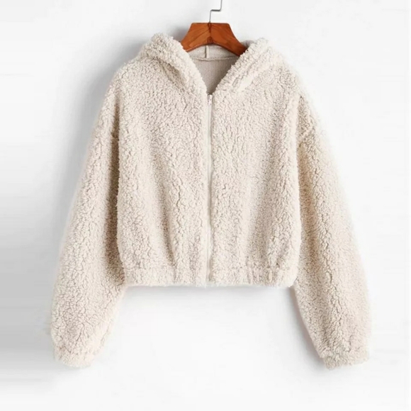 Sweaters - Cropped Cozy White Teddy w/hood